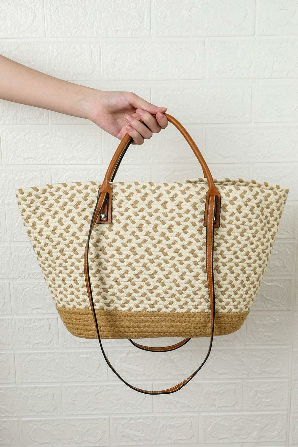 Beige contrast woven leather handle single shoulder bag with woven texture and leather straps