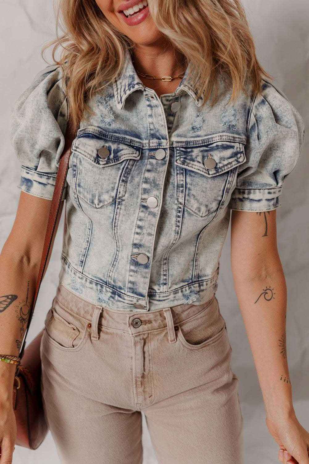 Beau Blue Light Wash Buttoned Chest Pocket Puff Sleeve Denim Jacket
