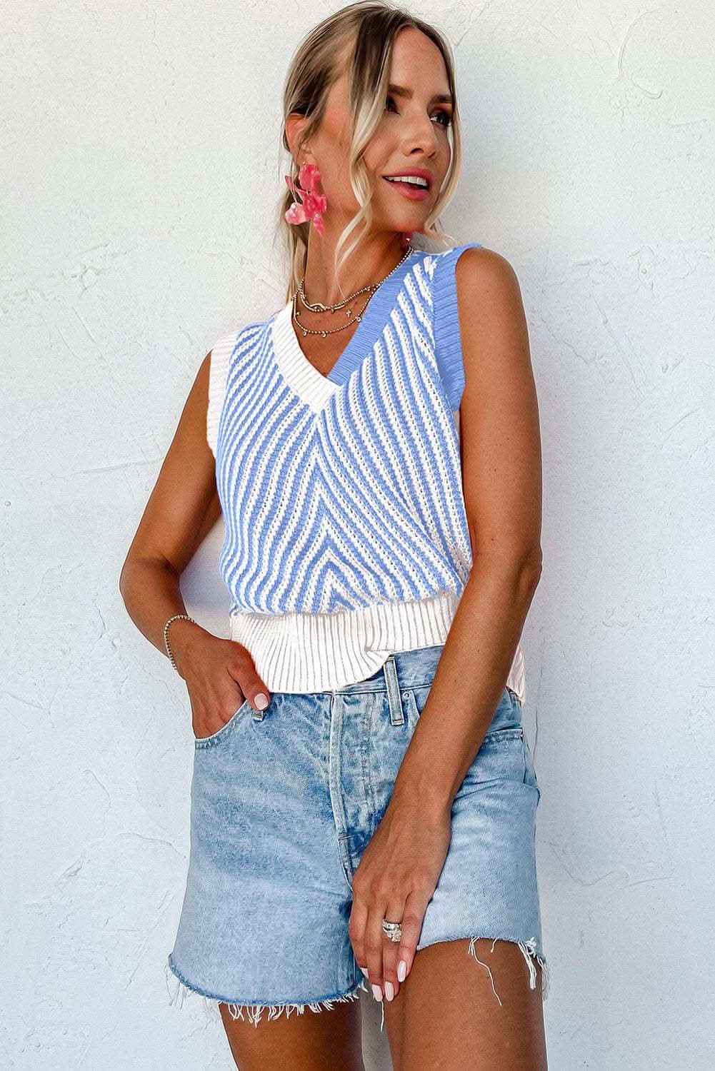 Sky Blue Contrast Chevron Knit V Neck Sweater Vest
