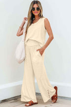 Beige Solid Color Tank Top and Smocked Waist Pants Set