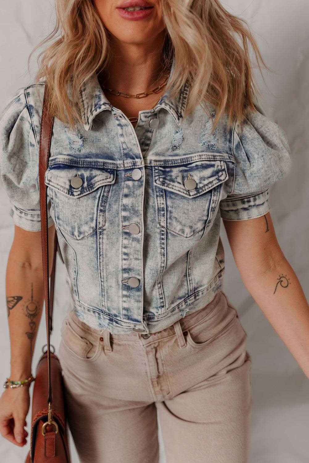 Beau Blue Light Wash Buttoned Chest Pocket Puff Sleeve Denim Jacket