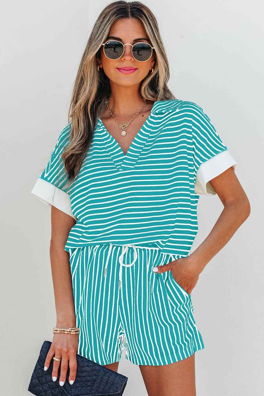 Black Stripe V Neck Tee and Casual Short Set