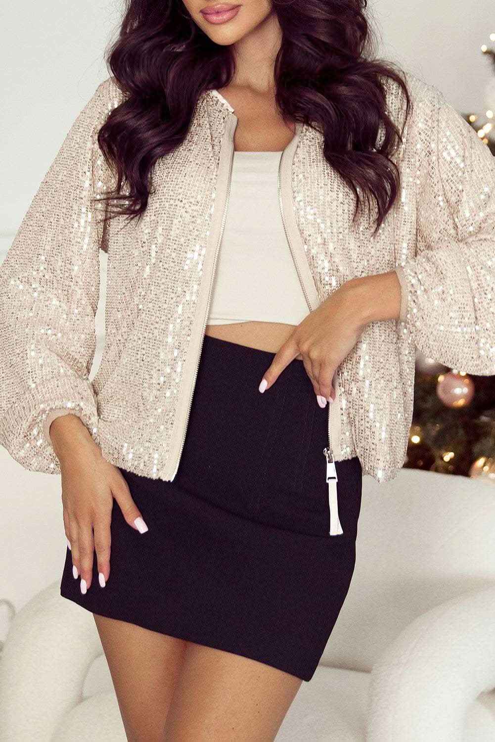 Black Sequin Zip up Round Neck Long Sleeve Jacket