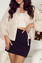 Black Sequin Zip up Round Neck Long Sleeve Jacket