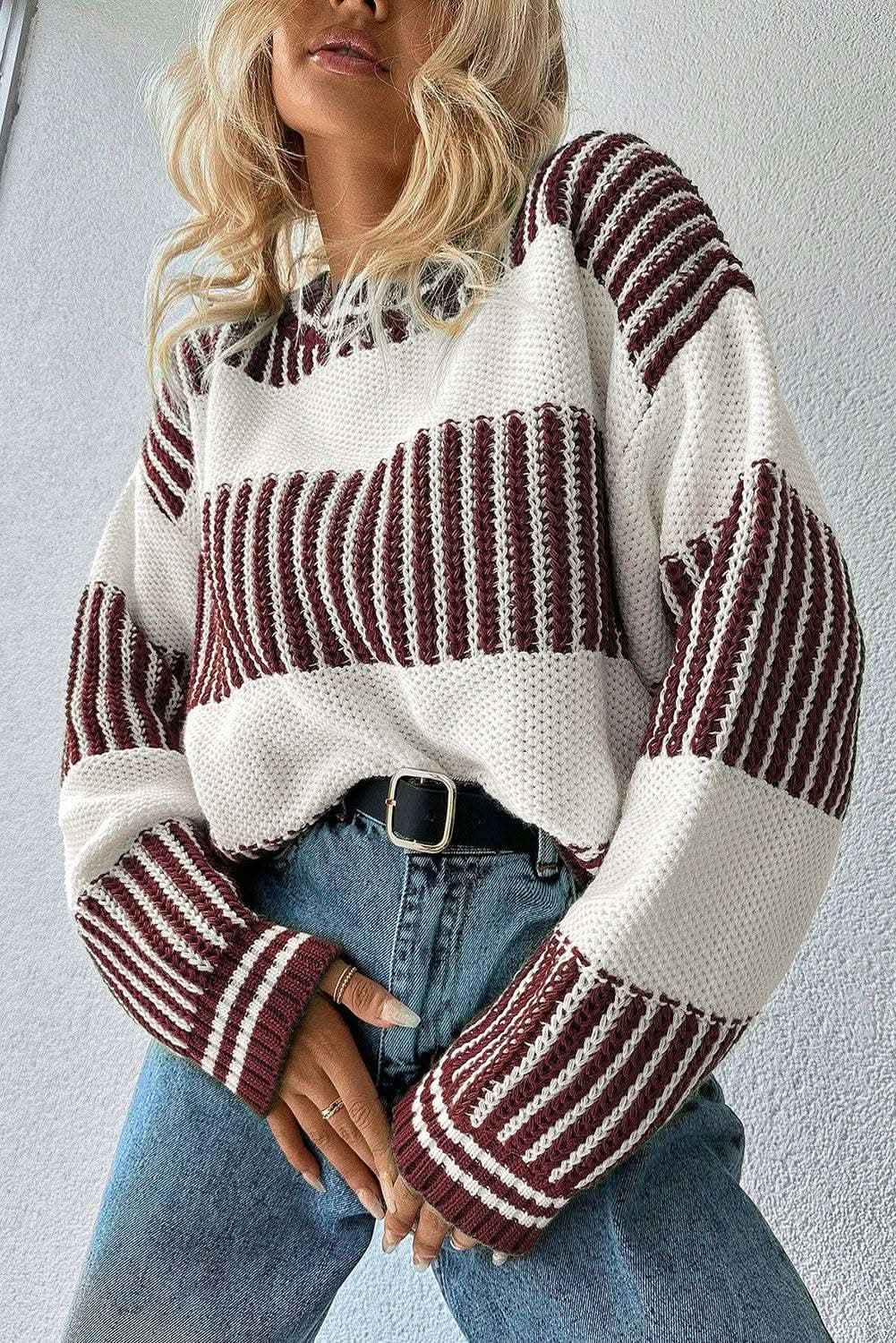 Light Blue Two Tone Striped Patchwork Drop Shoulder Loose Sweater