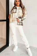 Multicolour Plaid Patchwork Side Pockets Buttoned Shacket