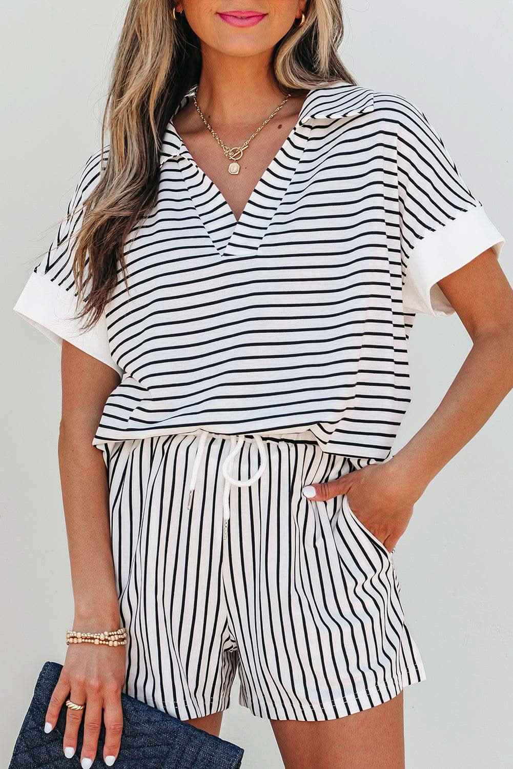 Black Stripe V Neck Tee and Casual Short Set