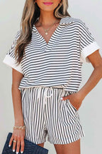 Black Stripe V Neck Tee and Casual Short Set