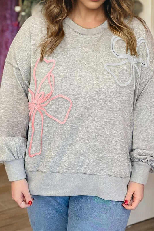 Light grey plus size sweatshirt with bow thread embroidery and drop shoulder design