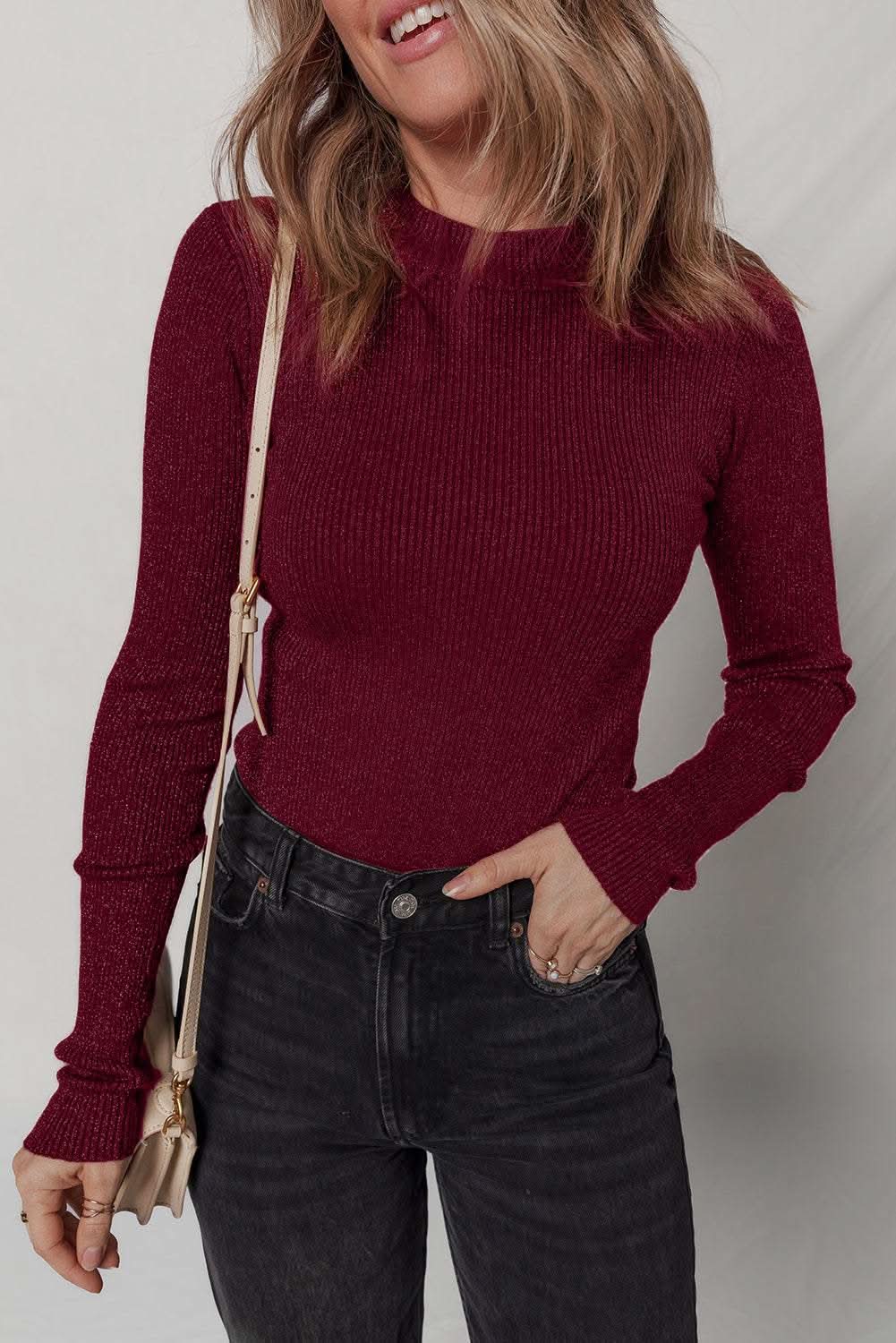 Red Dahlia Metal ribbed knit slim fit long sleeve top in deep red