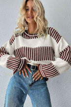 Light Blue Two Tone Striped Patchwork Drop Shoulder Loose Sweater