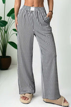 Black stripe elastic high waist loose pants with side pockets and flowy fit