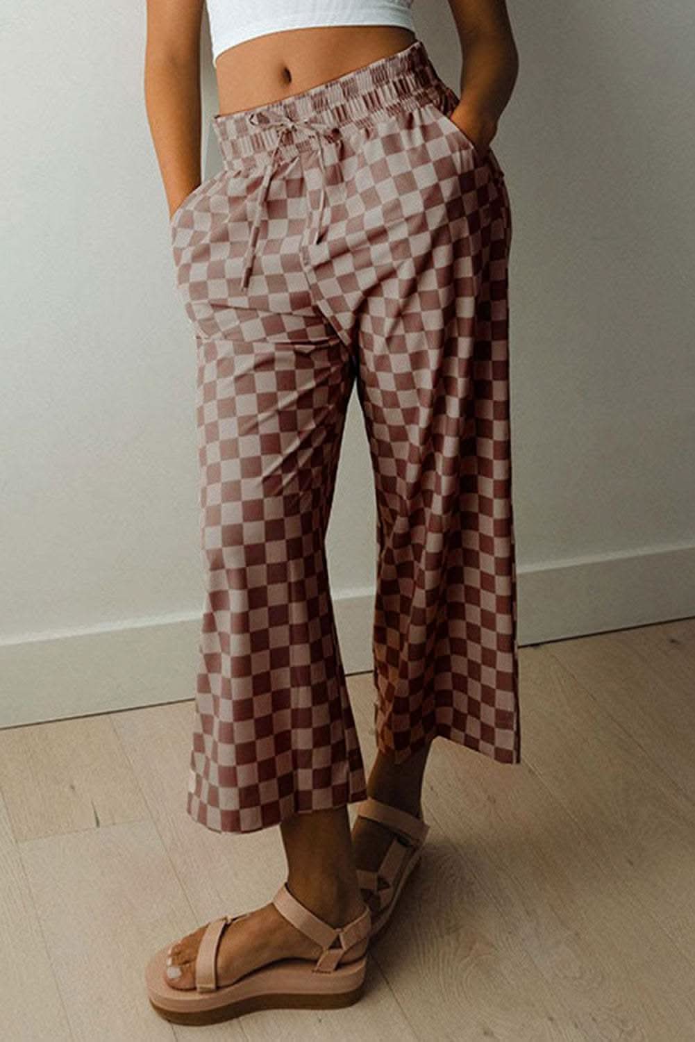 Khaki checkered elastic high waist loose casual wide leg pants with cropped length