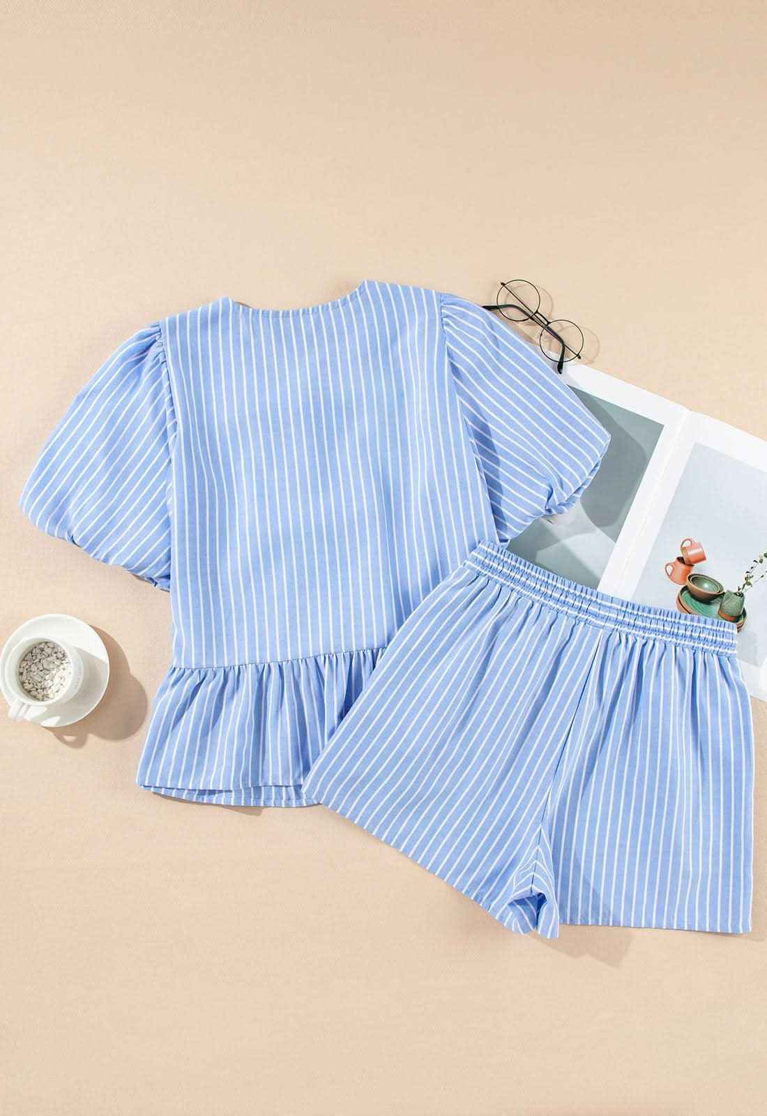 Sky Blue Striped Bowknot Detail Puffy Sleeve Top and Shorts 2Pcs Set