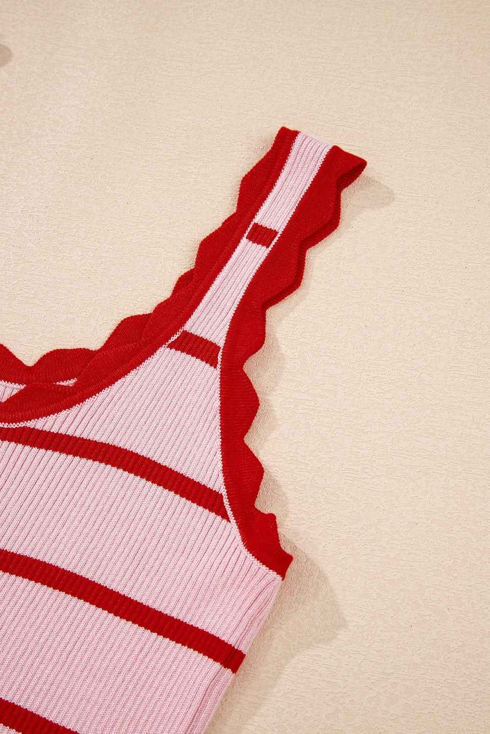 Black Striped Scalloped Edge U Neck Sleeveless Sweater Vest