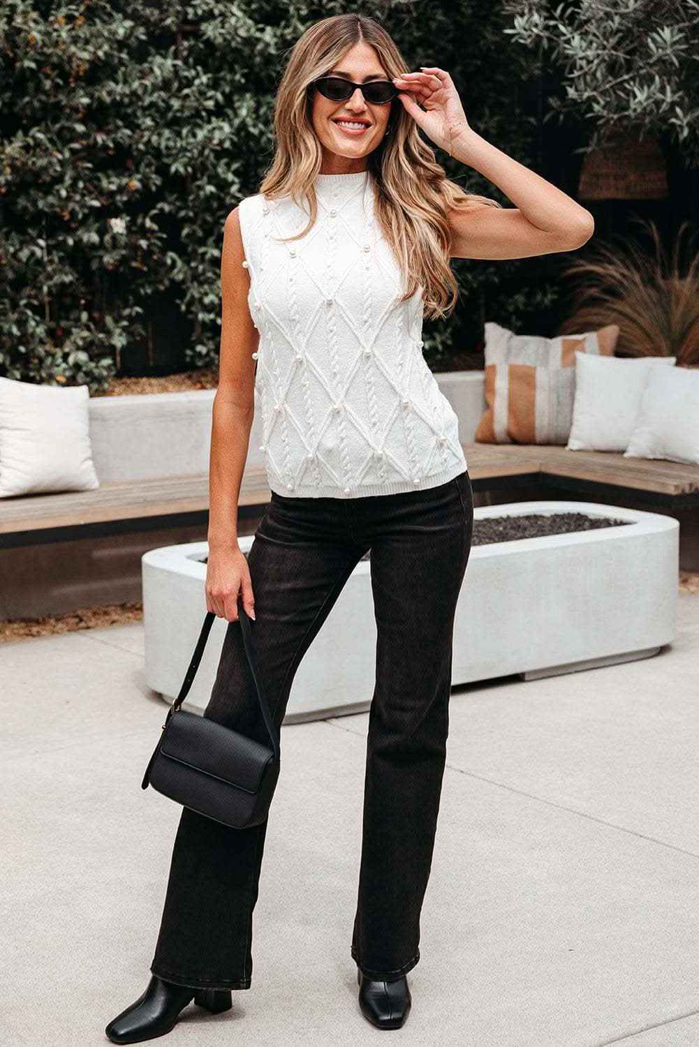 White Pearled High Neck Textured Knit Sweater Vest