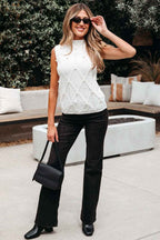 White Pearled High Neck Textured Knit Sweater Vest