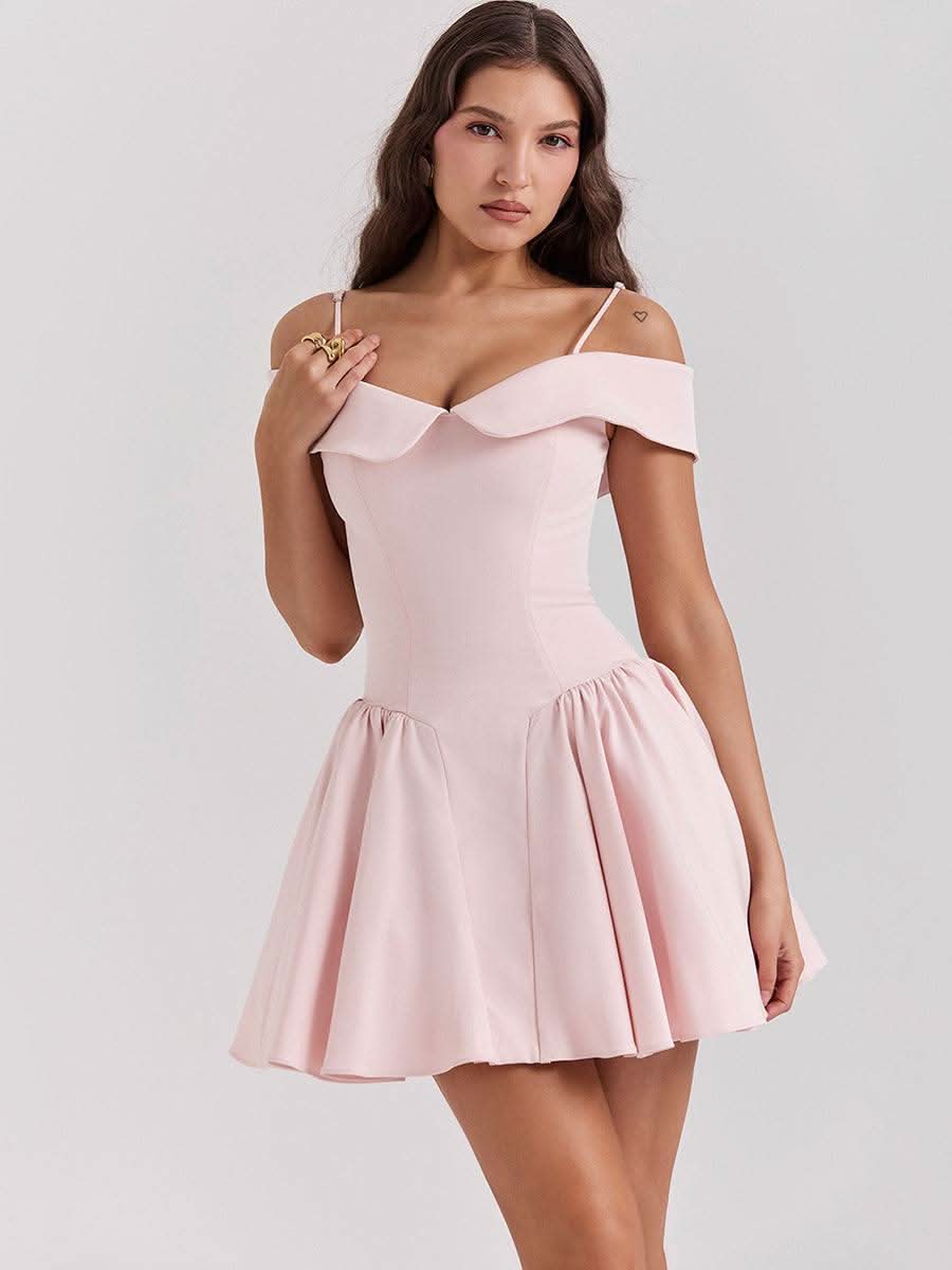 One shoulder spicy girl slim pink dress with off-shoulder design and flared skirt