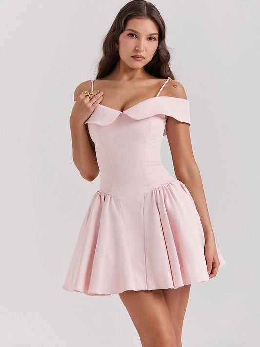 One shoulder spicy girl slim pink dress with off-shoulder design and flared skirt