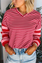 Strawberry pink mix striped V neck pullover with drop shoulder and patchwork sleeves.