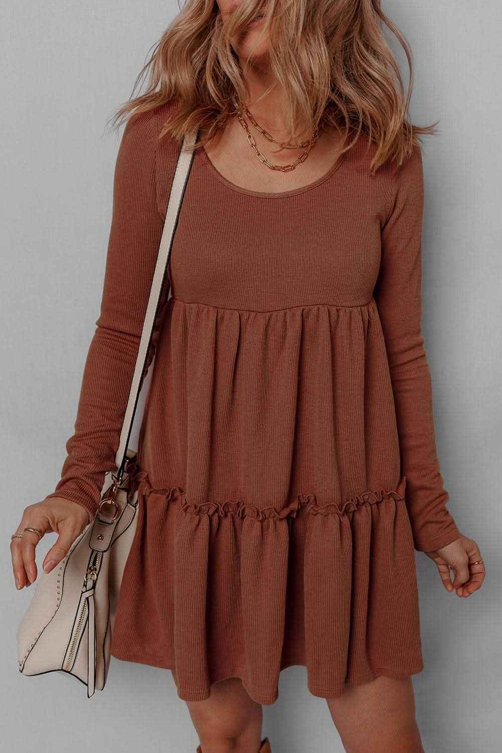 Straw Yellow Ribbed Frilled Trim High Waist Long Sleeve Mini Dress