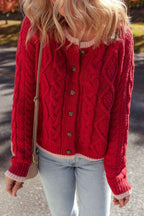 Racing Red Color Contrast Edge Cable Knit Buttoned Cardigan