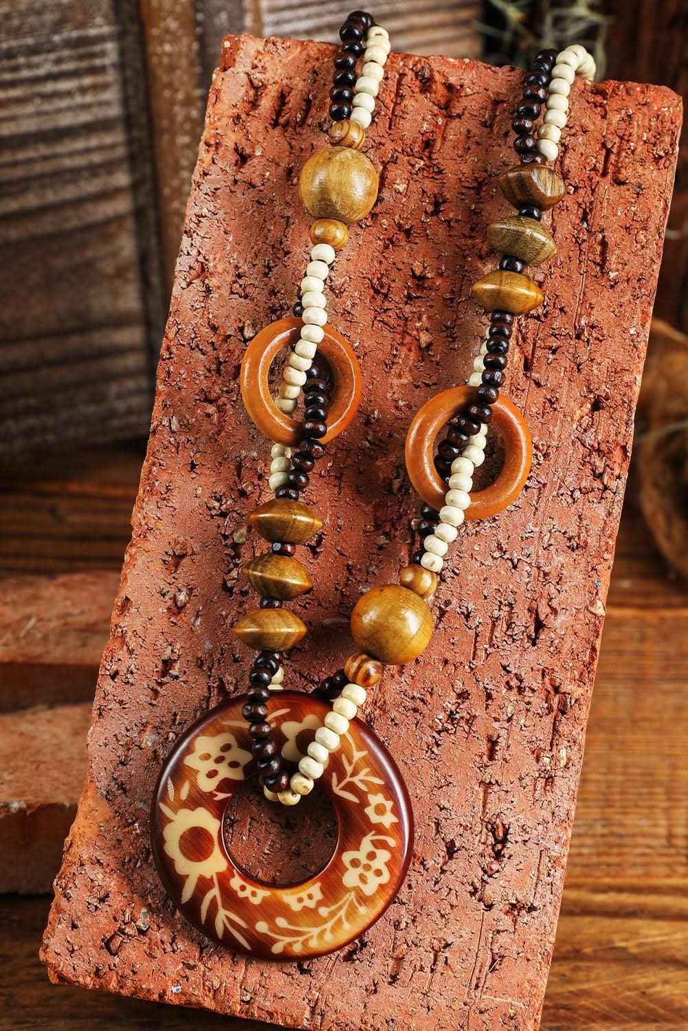 Brown Vintage Beaded Wooden Pendant Necklace