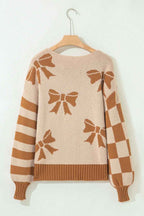 Straw Yellow Ribbon Bow Print Checkered Striped Sleeve Drop Shoulder Sweater
