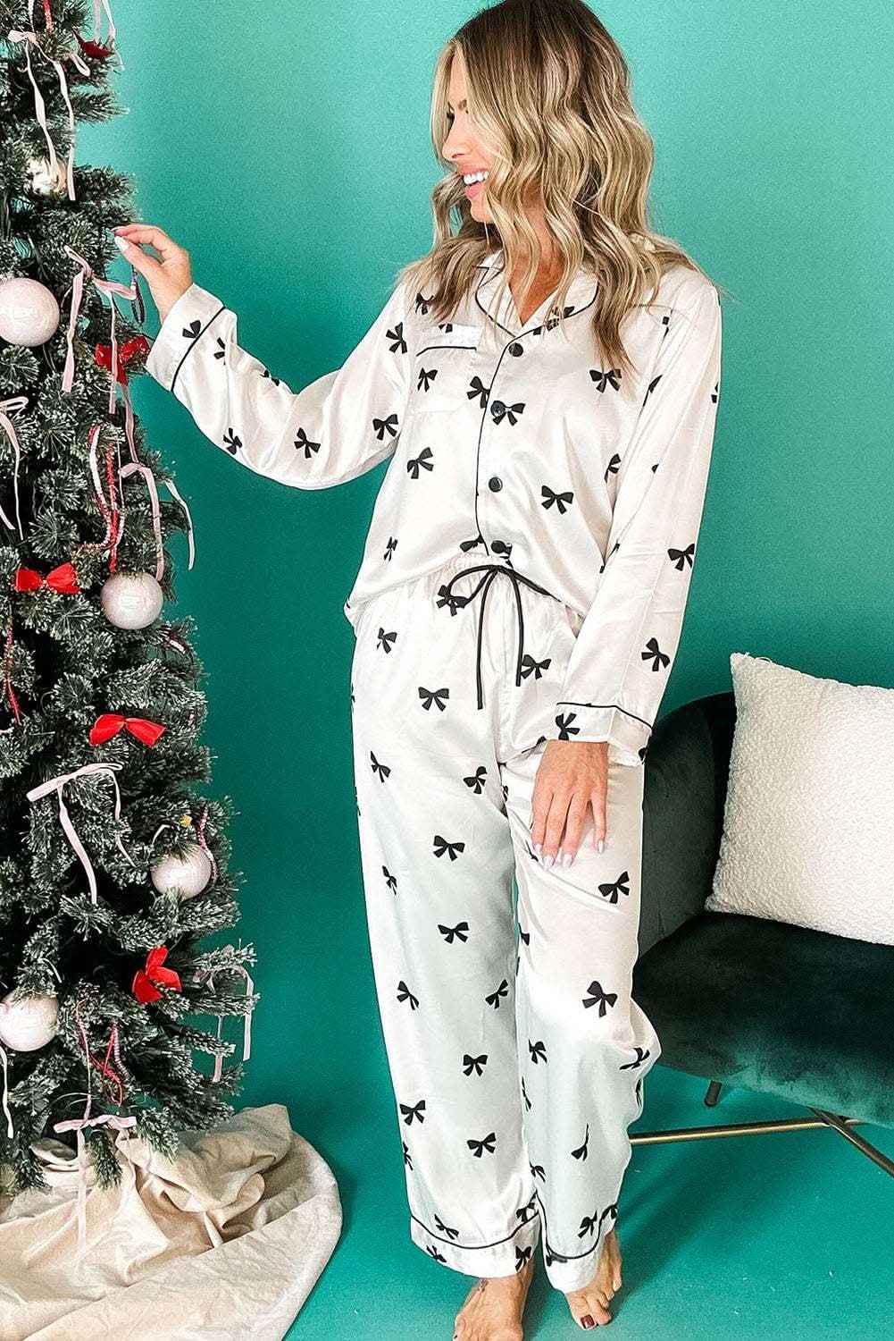 White Bows Print Two Piece Sleepwear
