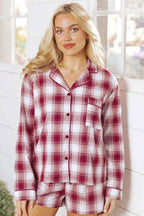 Red Retro Plaid Long Sleeve Shirt Drawstring Shorts 2pcs Lounge Set