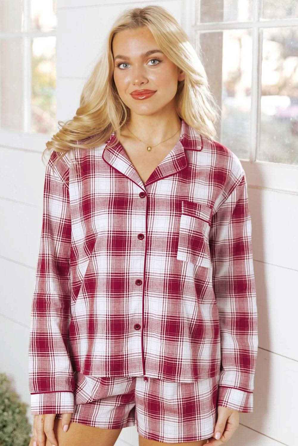 Red Retro Plaid Long Sleeve Shirt Drawstring Shorts 2pcs Lounge Set
