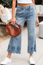 Dusk blue cropped wide leg jeans with floral embroidery and high waist detail