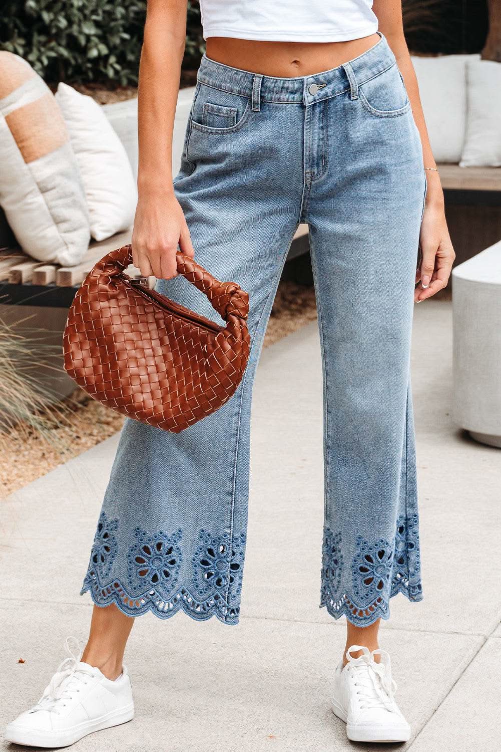 Dusk blue cropped wide leg jeans with floral embroidery and high waist detail