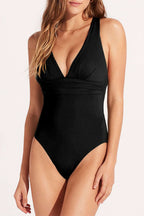 black deep V neck crossover backless ruched high cut monokini swimsuit for women