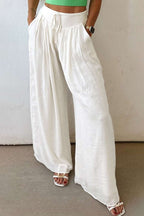 White solid drop waist pleated wide leg casual pants with adjustable elastic waist