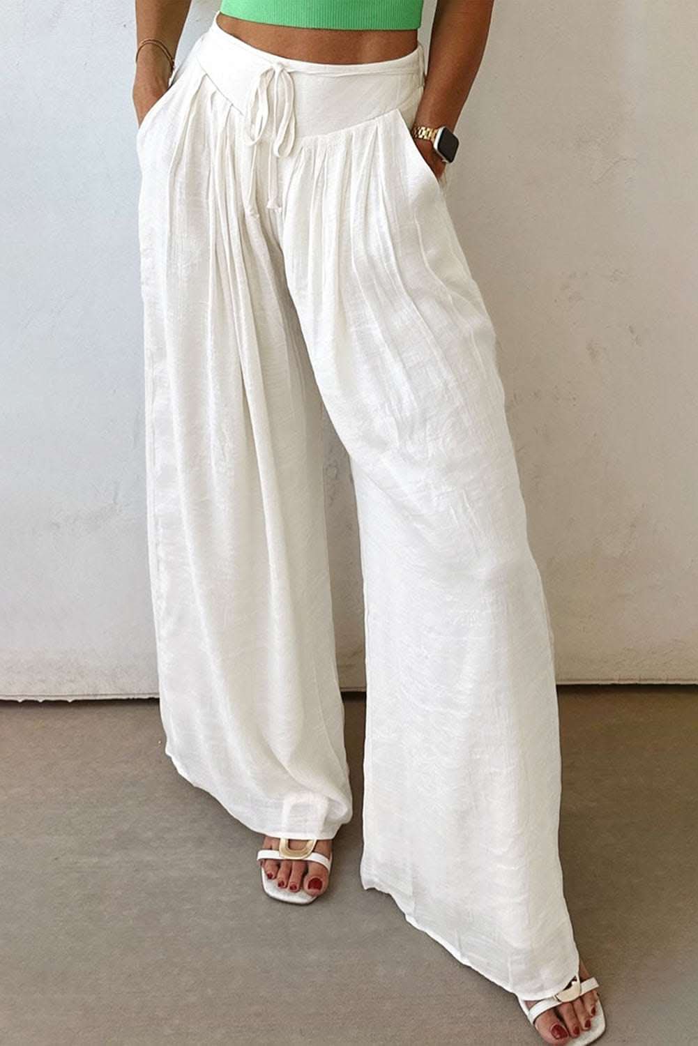 White solid drop waist pleated wide leg casual pants with adjustable elastic waist