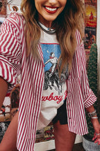 Woman wearing red stripe patched pocket loose shirt with side slit and a graphic tee underneath