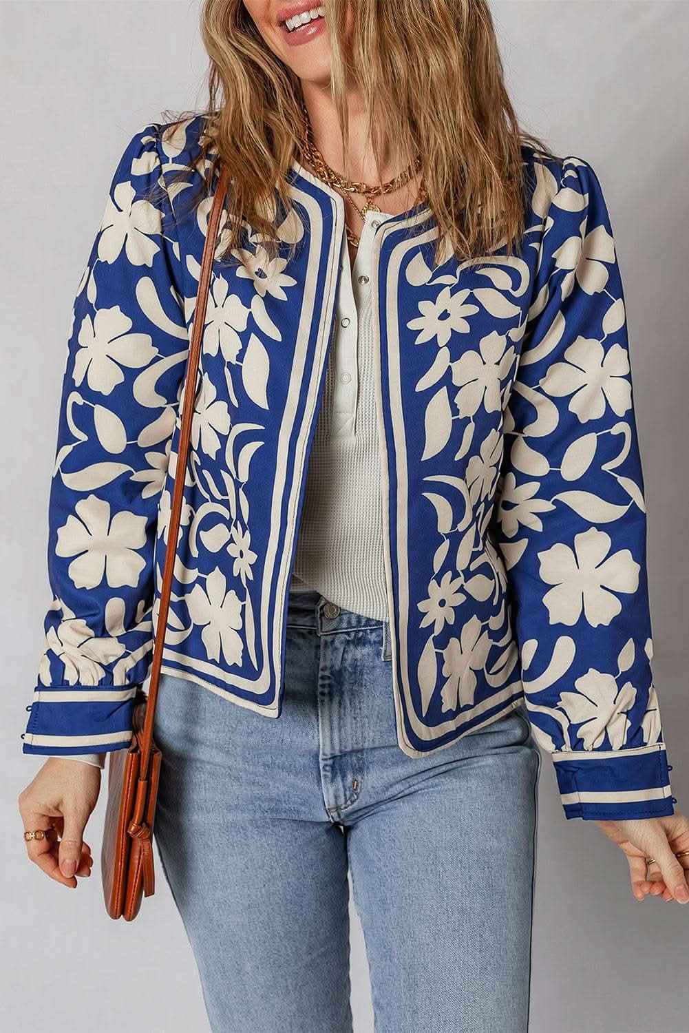 Blue Flower Print Open Front Buttoned Cuffs Elegant Jacket