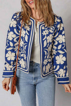 Blue Flower Print Open Front Buttoned Cuffs Elegant Jacket