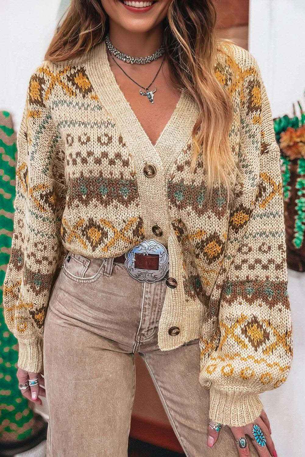 Khaki Western Pattern Knitted Button V Neck Cardigan Sweater