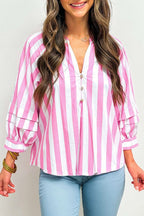 Rose stripe split neck blouse with button front and puff sleeves, lightweight and relaxed fit