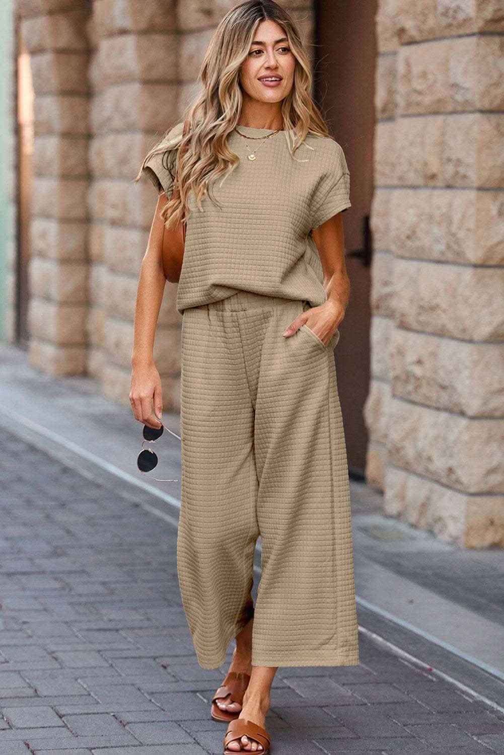 Parchment Solid Color Textured Short Sleeve Top and Casual Pants Set