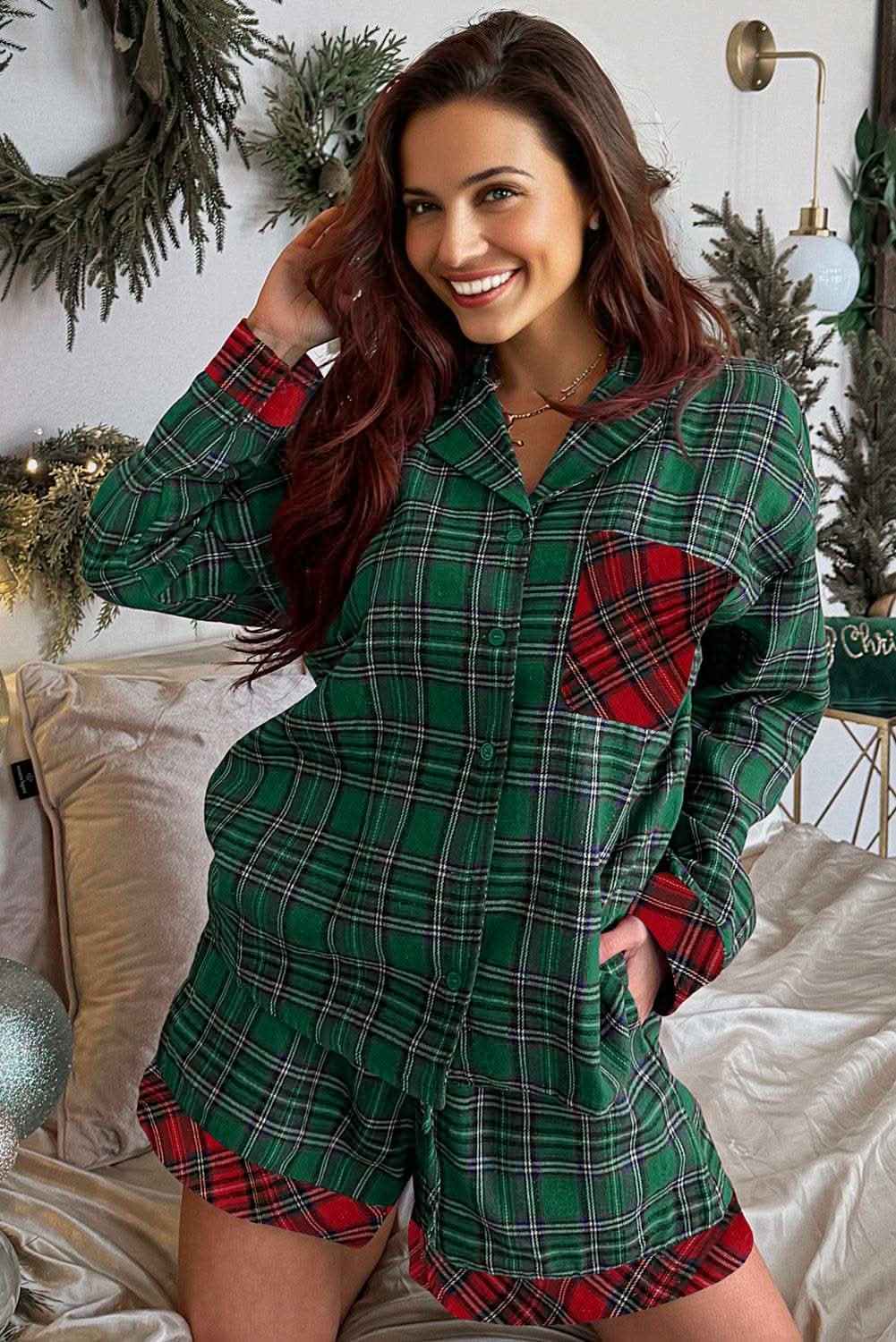 Red Plaid Contrast Patched Christmas Holiday Long Sleeve Shirt and Short 2pcs Pajama Set