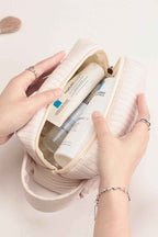 Beige Stitching PU Leather Round Zipped Side Handle Makeup Bag