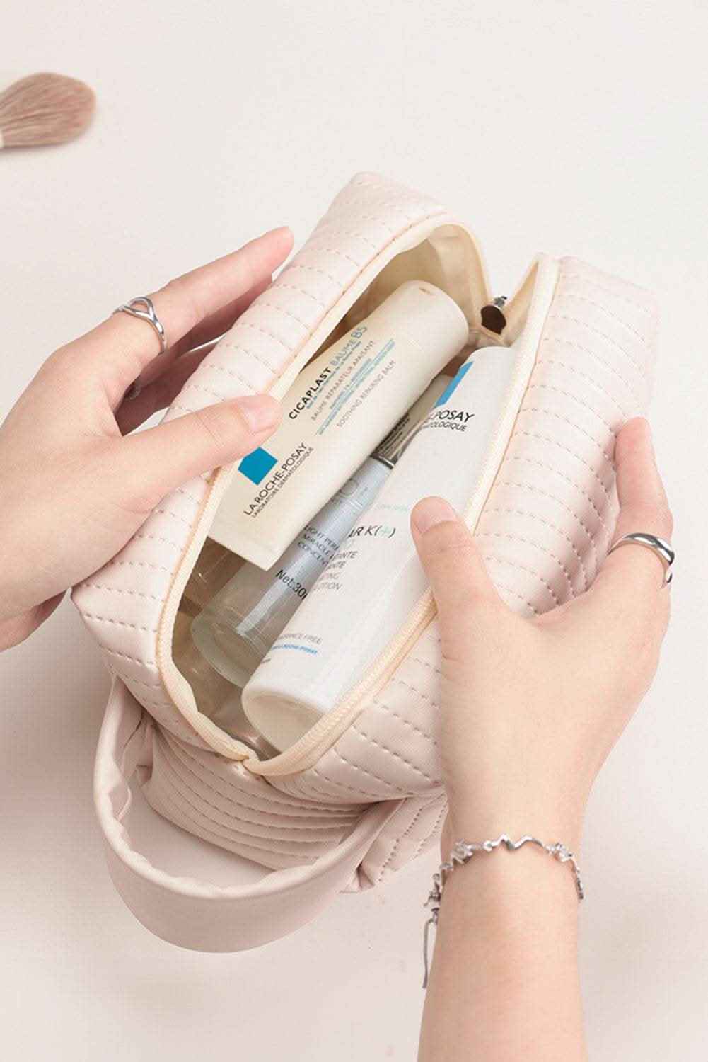 Beige Stitching PU Leather Round Zipped Side Handle Makeup Bag