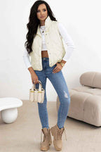 Black Quilted High Neck Button Up Pocket Vest Coat