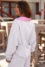 Light Grey 2pcs Contrasted Trim Frilled Collar Drop Shoulder Pullover Drawstring Pant Set