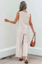 Apricot Buttoned V Neck Tank Top and Wide Leg Pants Casual Outfit