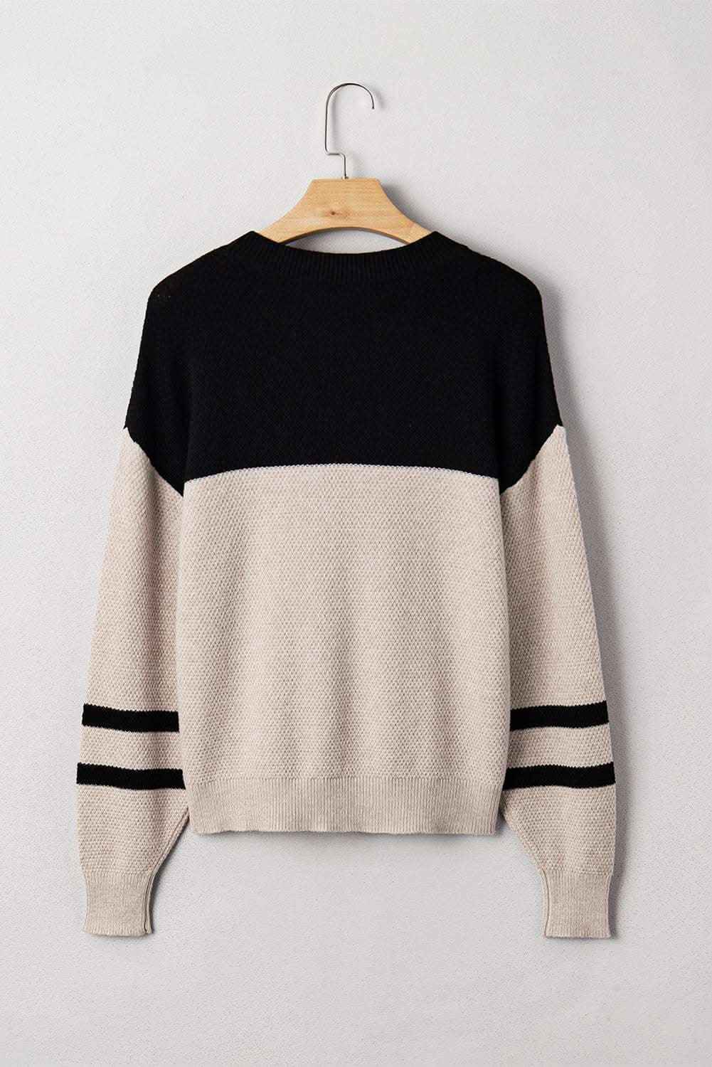 Dark Brown Color Block Knit Striped Sleeve Detail Casual Sweater