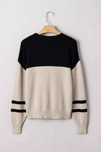 Dark Brown Color Block Knit Striped Sleeve Detail Casual Sweater